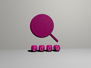 3D illustration of ZOOM graphics and text made by metallic dice letters for the related meanings of the concept and presentations. background and abstract