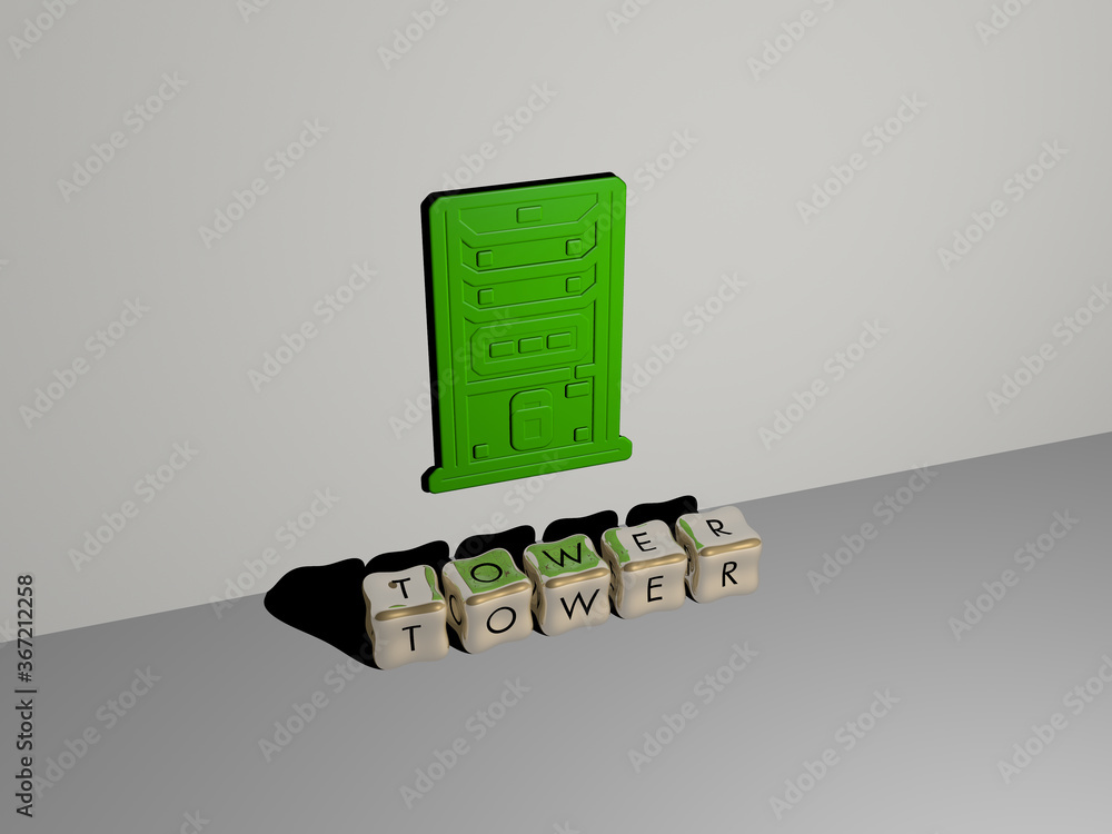 Poster 3d illustration of tower graphics and text made by metallic dice letters for the related meanings of