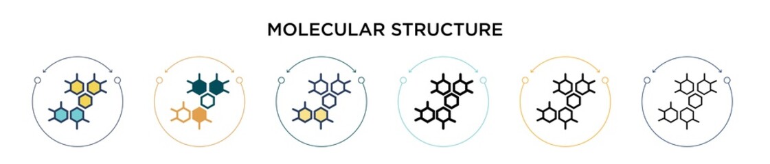 Fototapeta premium Molecular structure icon in filled, thin line, outline and stroke style. Vector illustration of two colored and black molecular structure vector icons designs can be used for mobile, ui, web