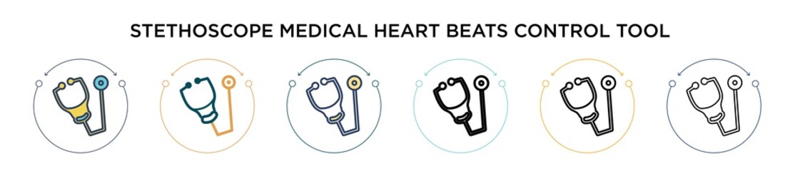 Stethoscope medical heart beats control tool icon in filled, thin line, outline and stroke style. Vector illustration of two colored and black stethoscope medical heart beats control tool vector icons