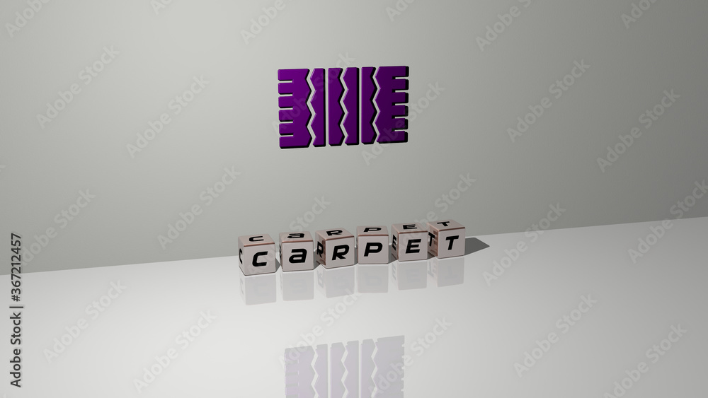Poster 3d graphical image of carpet vertically along with text built by metallic cubic letters from the top