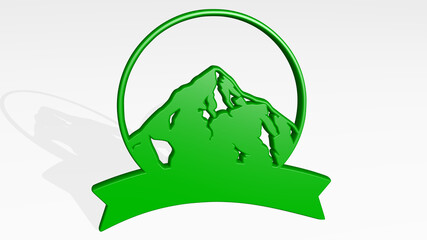 sign of mountain made by 3D illustration of a shiny metallic sculpture with the shadow on light background. icon and symbol
