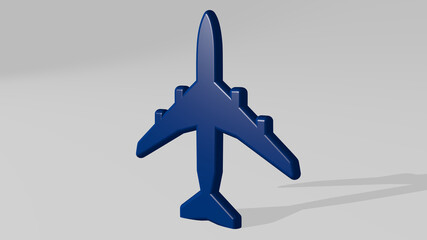 aeroplane made by 3D illustration of a shiny metallic sculpture with the shadow on light background. airplane and aircraft