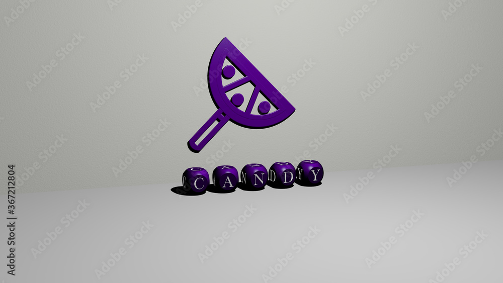 Aufkleber 3d representation of candy with icon on the wall and text arranged by metallic cubic letters on a mi