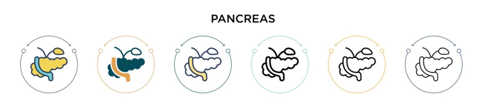 Pancreas icon in filled, thin line, outline and stroke style. Vector illustration of two colored and black pancreas vector icons designs can be used for mobile, ui, web