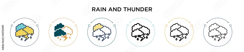 Poster rain and thunder icon in filled, thin line, outline and stroke style. vector illustration of two col