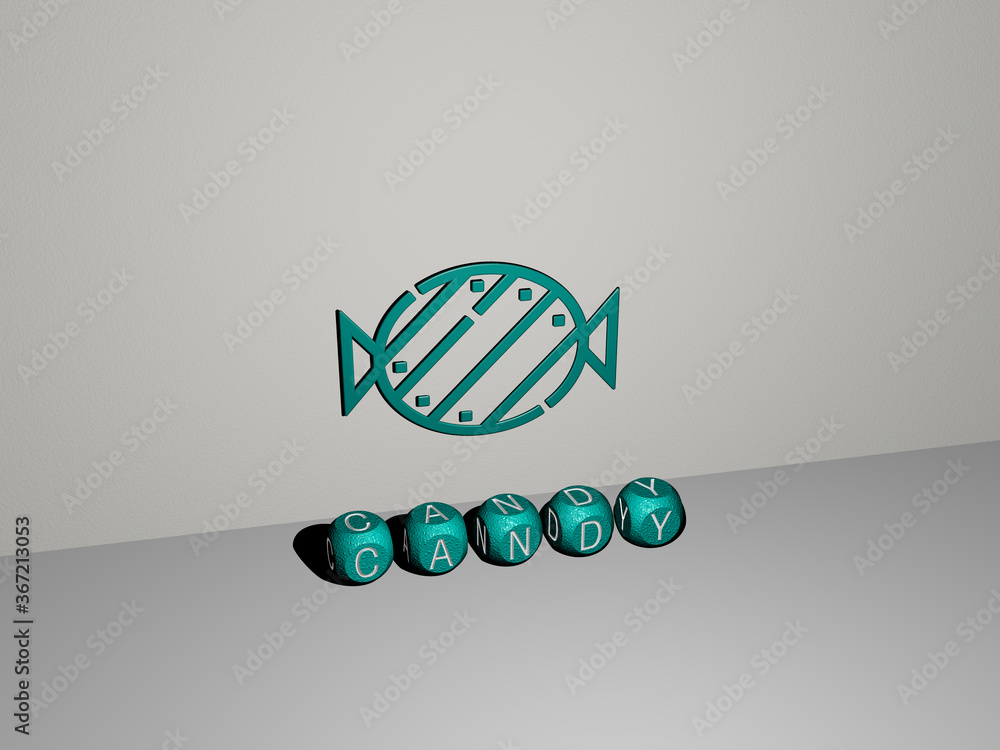 Aufkleber 3d graphical image of candy vertically along with text built by metallic cubic letters from the top 