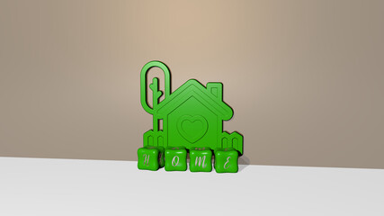 3D graphical image of home vertically along with text built by metallic cubic letters from the top perspective, excellent for the concept presentation and slideshows. background and house