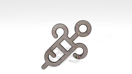 medical instrument syringe casting shadow from a perspective. A thick sculpture made of metallic materials of 3D rendering. illustration and background