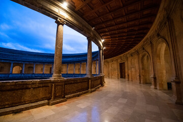 Courtyard at night in the Palacio de Carlos V, Alhambra, Granada, Spain