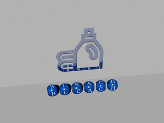 3D representation of BLEACH with icon on the wall and text arranged by metallic cubic letters on a mirror floor for concept meaning and slideshow presentation. background and illustration