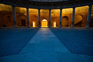 Courtyard at night in the Palacio de Carlos V, Alhambra, Granada, Spain