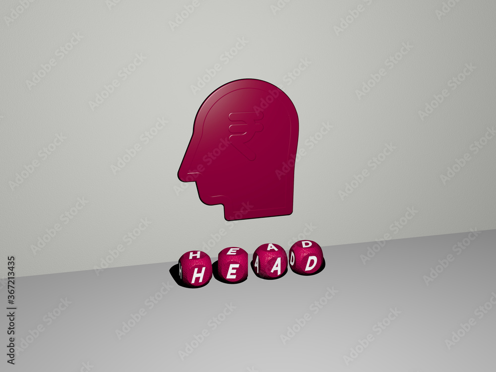 Poster 3d graphical image of head vertically along with text built by metallic cubic letters from the top p