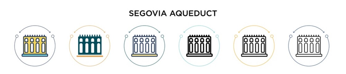 Segovia aqueduct icon in filled, thin line, outline and stroke style. Vector illustration of two colored and black segovia aqueduct vector icons designs can be used for mobile, ui, web