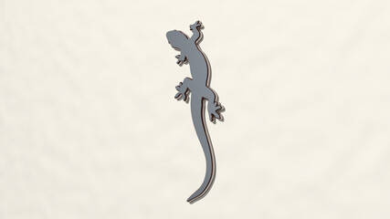 Obraz premium LIZARD made by 3D illustration of a shiny metallic sculpture on a wall with light background. animal and green