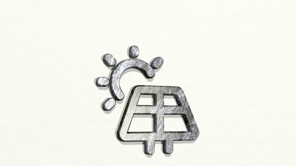 Obraz premium RENEWABLE ENERGY SOLAR PANEL made by 3D illustration of a shiny metallic sculpture on a wall with light background. alternative and power