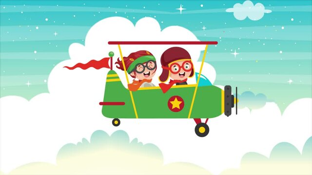 Animation Of Happy Kids Flying On An Airplane	

