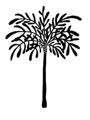 Illustration of the black silhouette of a palm tree on the white isolated background. Clipart object.