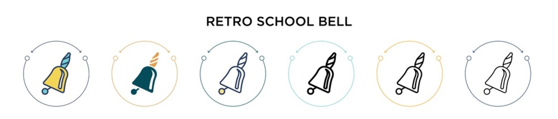 Retro school bell icon in filled, thin line, outline and stroke style. Vector illustration of two colored and black retro school bell vector icons designs can be used for mobile, ui, web