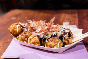 Teppanyaki with Bonito Flakes and Soy Sauce, Street Food, Osaka, Japan