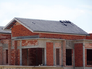 SEREMBAN, MALAYSIA -APRIL 07, 2020: New double story luxury terrace house under construction in Malaysia.  Designed by an architect with a modern and contemporary style. 