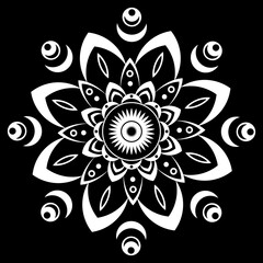 White mandala on a black background. Round pattern, floral ornament. Beautiful symmetrical element. Antistress, relaxation