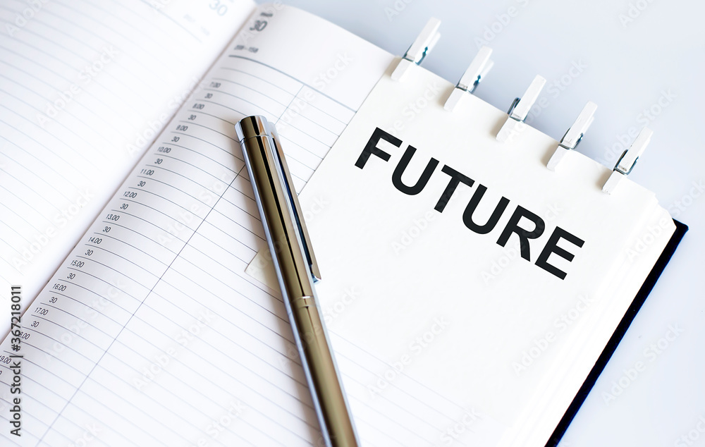 Poster text future on the short note texture background with pen