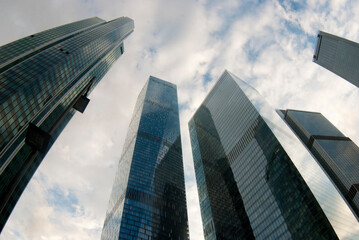 Beautiful skyscrapers at Moscow City. Business district of the city. Low angle view of skyscrapers.