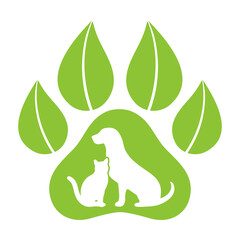 emblem organic products for animals. template for pet store silhouette of a dog and cat on the background of paws with leaves