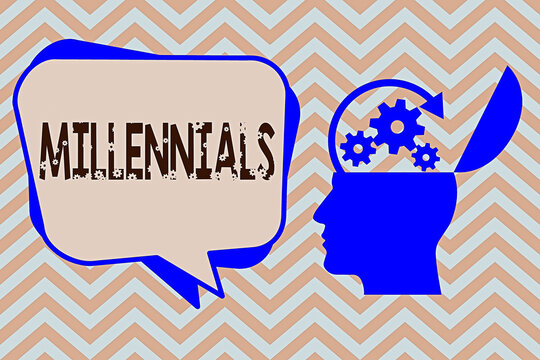 Word writing text Millennials. Business photo showcasing an individual reaching young adulthood in the early 21st century Hu analysis Head Silhouette Topside Open with Gears and Blank Halftone Bubble