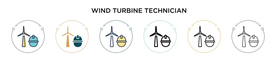 Wind turbine technician icon in filled, thin line, outline and stroke style. Vector illustration of two colored and black wind turbine technician vector icons designs can be used for mobile, ui, web