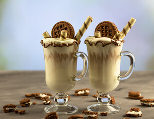 Ice cream background. Fresh ice cream for dessert. Chocolate ice cream. milkshake. Christmas. New...