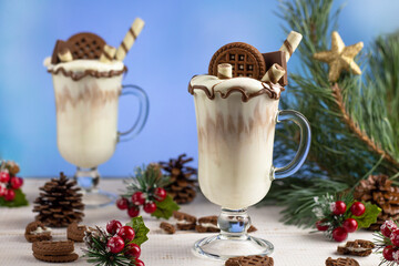 Ice cream background. Fresh ice cream for dessert. Chocolate ice cream. Christmas. New Year. Copyspace