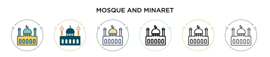 Mosque and minaret icon in filled, thin line, outline and stroke style. Vector illustration of two colored and black mosque and minaret vector icons designs can be used for mobile, ui, web