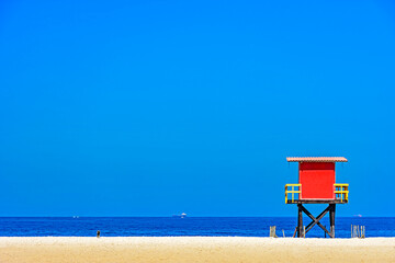 Rescue cabin on Copacabana beach on a sunny tropical day in the city of Rio de Janeiro, Brazil