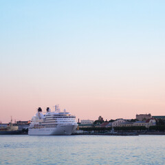 Fototapeta na wymiar View at Neva river and cruise ship in Saint Petersburg, Russia