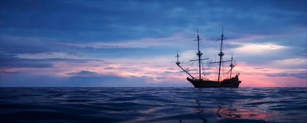 Foto op Plexiglas Schip Ancient ship sailing in the ocean. (Right side).