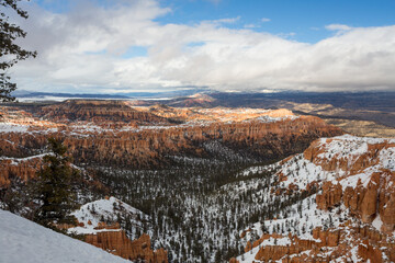 Orange rocks and snow in the Bryce Canyon National park, Utah, USA