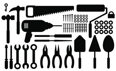 Tools Toolkit Hand Power Hammer Work Hardware Building Set Vector Graphic Design