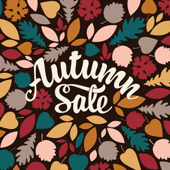 Autumn sale banner with calligraphic lettering and colorful autumn leaves on the black background. Vector decorative illustration in flat style. Suitable for flyer, banner, poster, price tag, label