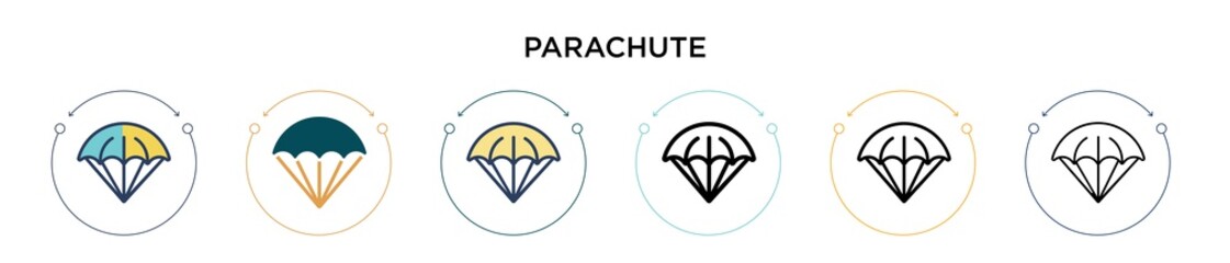 Obraz premium Parachute icon in filled, thin line, outline and stroke style. Vector illustration of two colored and black parachute vector icons designs can be used for mobile, ui, web
