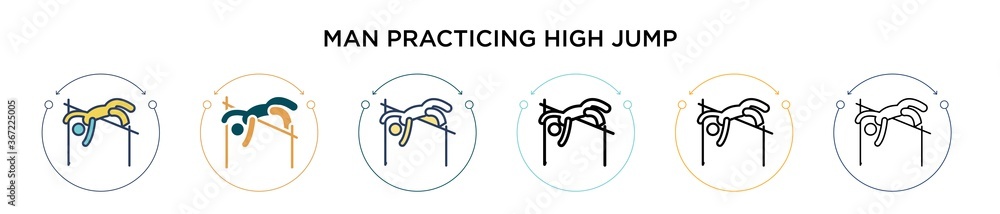 Poster man practicing high jump icon in filled, thin line, outline and stroke style. vector illustration of