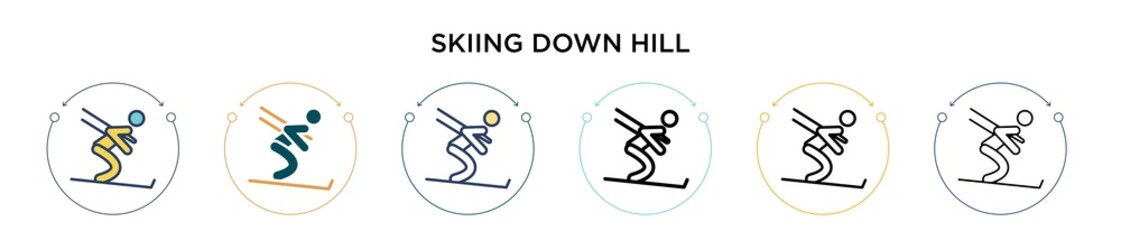 Skiing down hill icon in filled, thin line, outline and stroke style. Vector illustration of two colored and black skiing down hill vector icons designs can be used for mobile, ui, web © Digital Bazaar