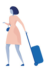 Fototapeta premium Woman holding handbag and handle suitcases on wheels. Vector color flat icon.