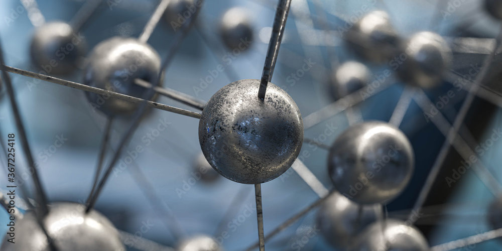 Poster stained iron steel metal ball with abstract network architecture construction background 3d renderin