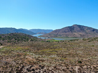 Aerial view of Inland Lake Hodges and Bernardo Mountain, great hiking trail and water activity in Rancho Bernardo East San Diego County, California, USA 