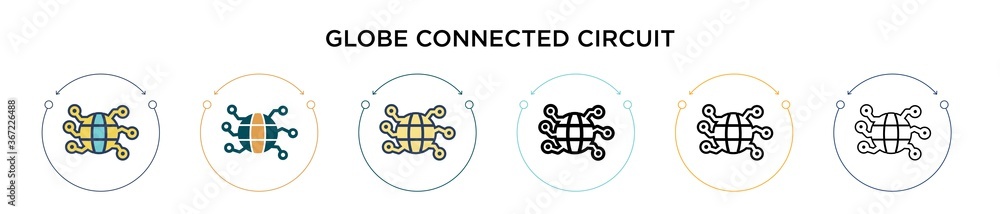 Poster globe connected circuit icon in filled, thin line, outline and stroke style. vector illustration of 