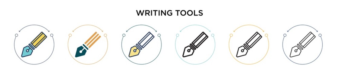 Writing tools icon in filled, thin line, outline and stroke style. Vector illustration of two colored and black writing tools vector icons designs can be used for mobile, ui, web