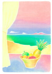 窓辺にトロピカルなフルーツかごがあり、背景には、エキゾチックな砂浜、海、空が広がる