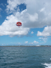 Okinawa,Japan-July 20, 2020: Parasailing on blue sky background at Miyakojima island
